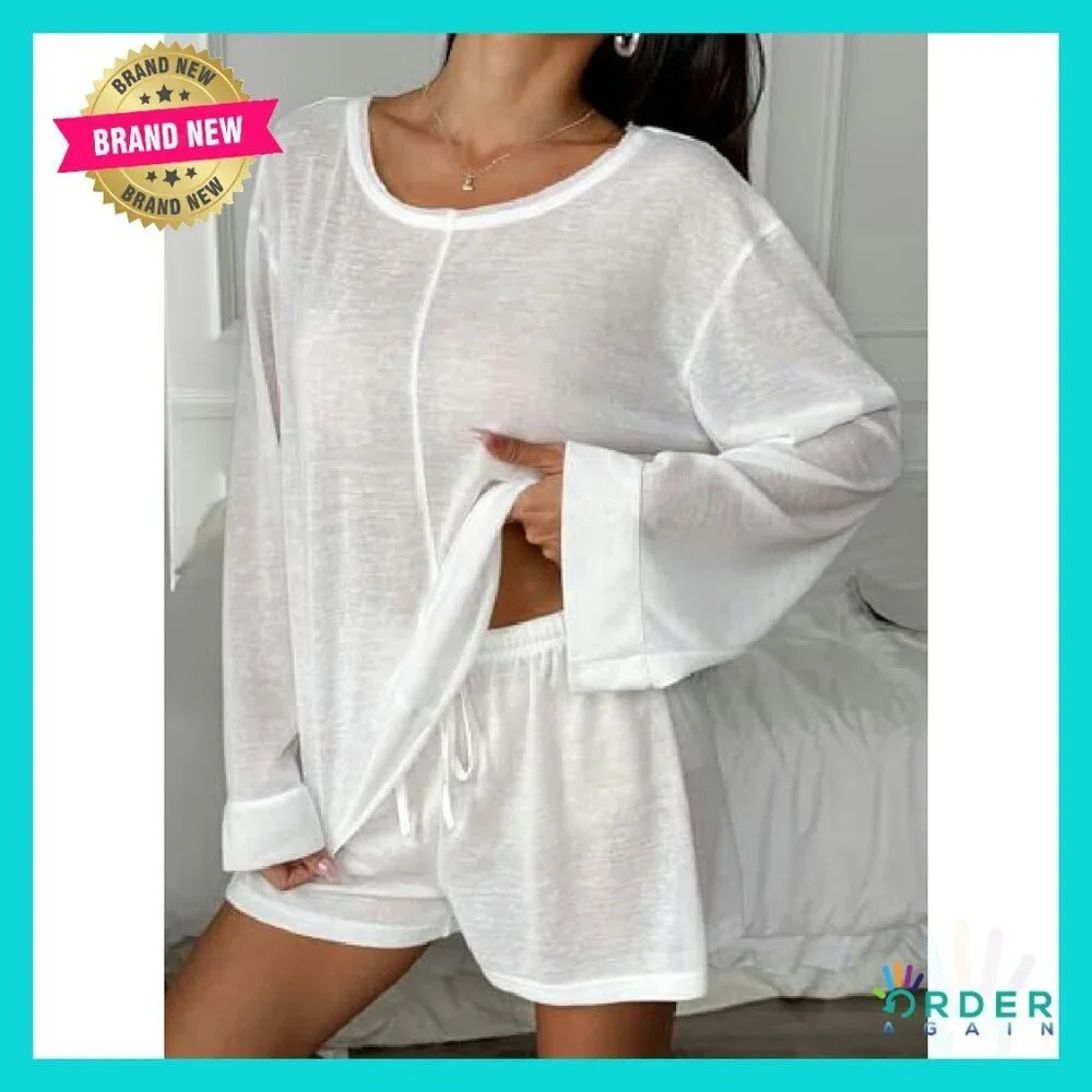 Sheer Mesh Pajama Set Long Sleeve Oversized Chic Lounge Sleepwear Y2K